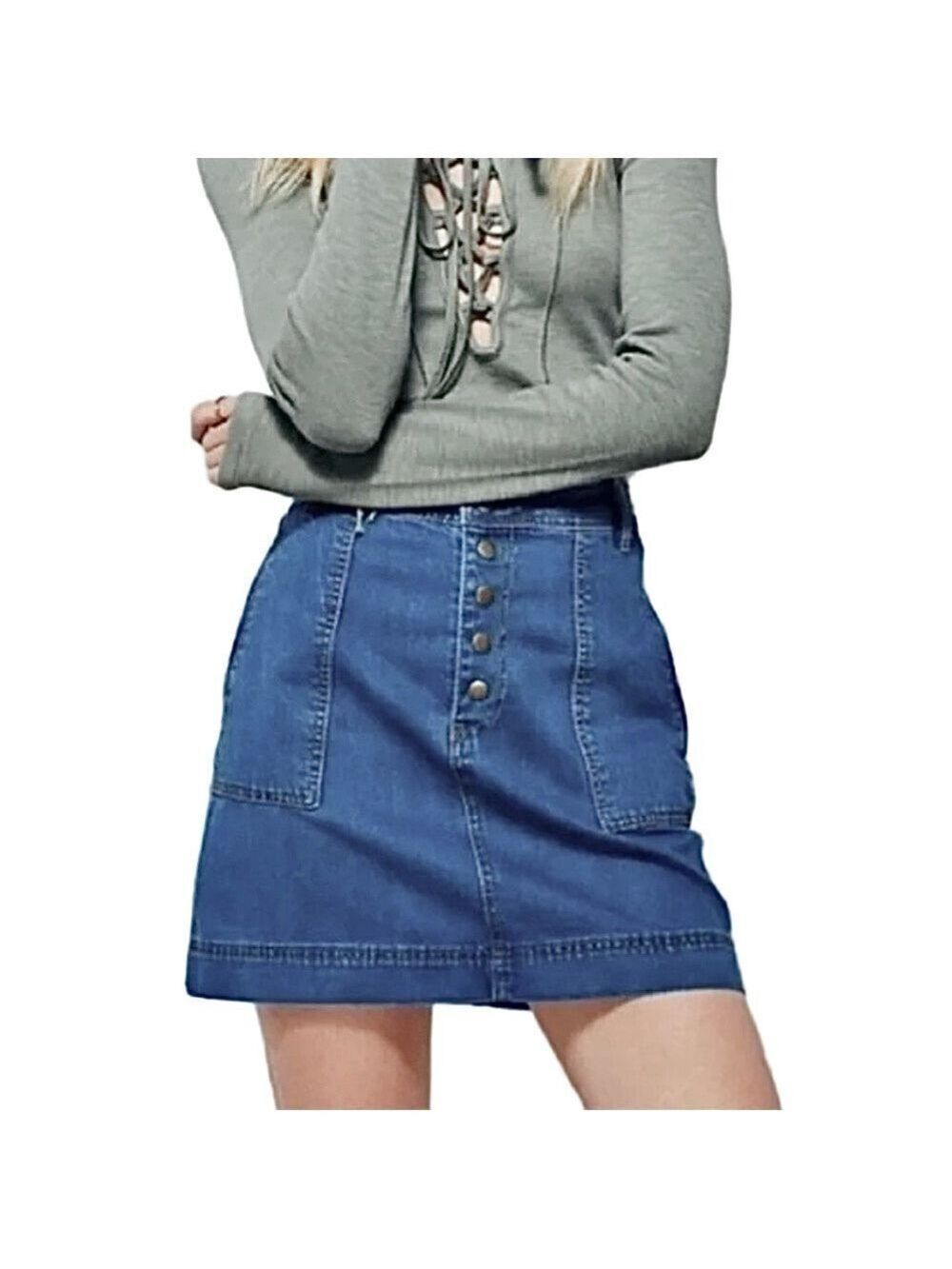 Free People snap front non-stretch cotton denim a line mini skirt 24